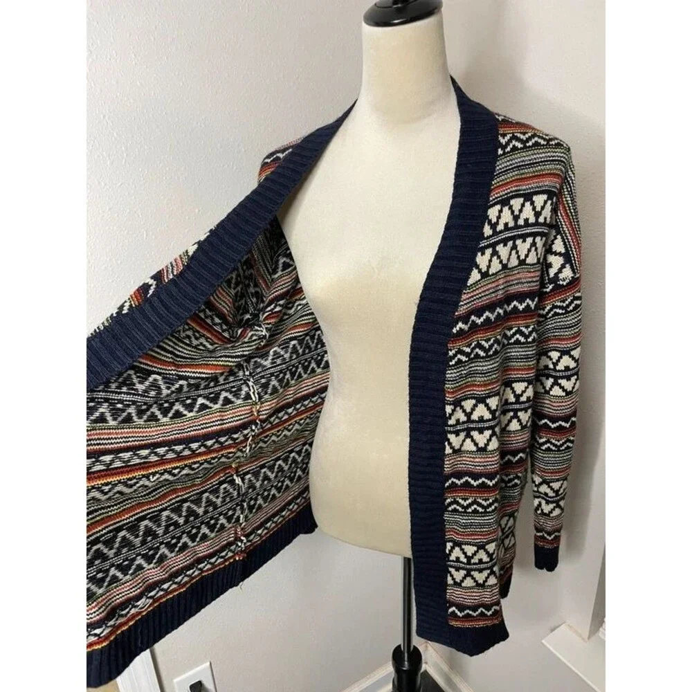 Altar’d State Fair Isle Open Front Cardigan Navy Multicolor Boho Sweater